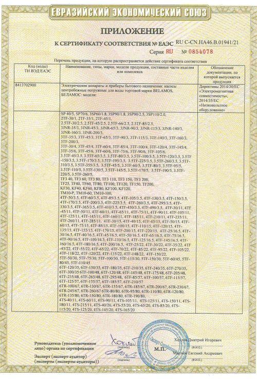 Сертификат соответствия  насосы TF_JNR_SP_TM_KF -2